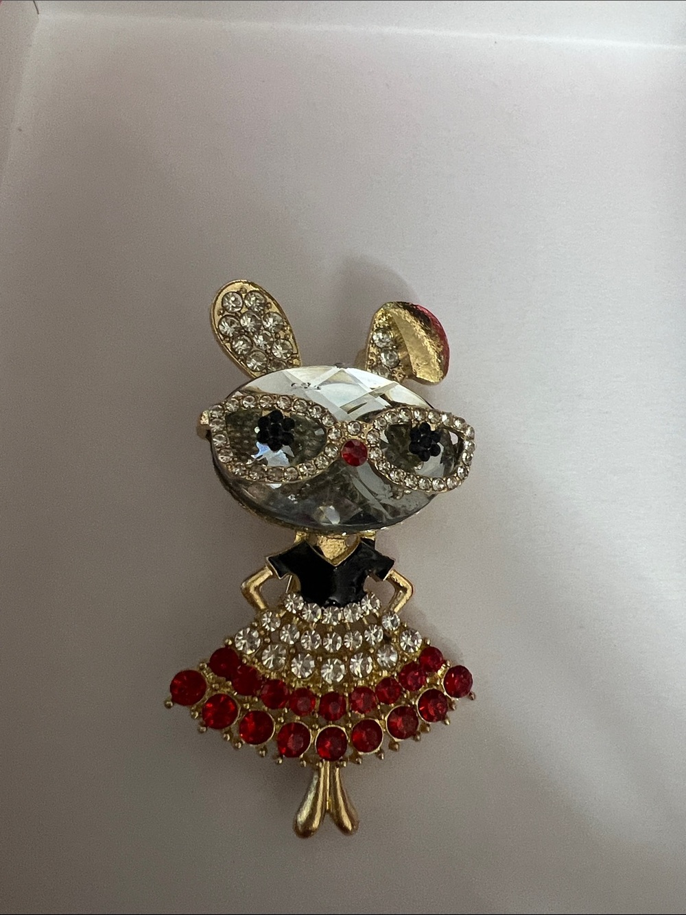Source Unknown Crystal Bunny Brooch with Red and Gold Accents